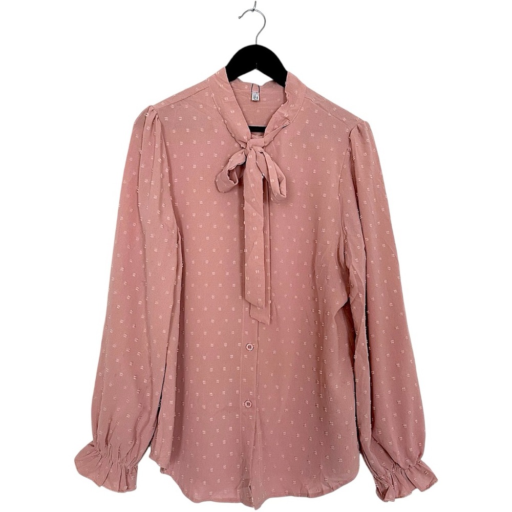 NWT ACEVOG Dusty Rose Pink Long Sleeve Bow Blouse Feminine Cottagecore Medium